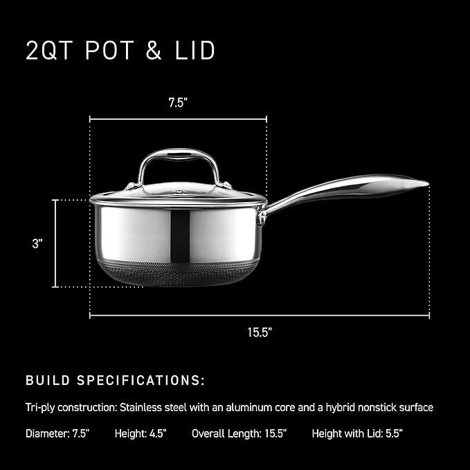 HexClad Hybrid Nonstick 2-Quart Saucepan with Tempered Glass Lid, Stay-Cool Handle, Dishwasher-Friendly, Oven-Safe Up to 900째F, Induction Ready, Compatible with All Cooktops