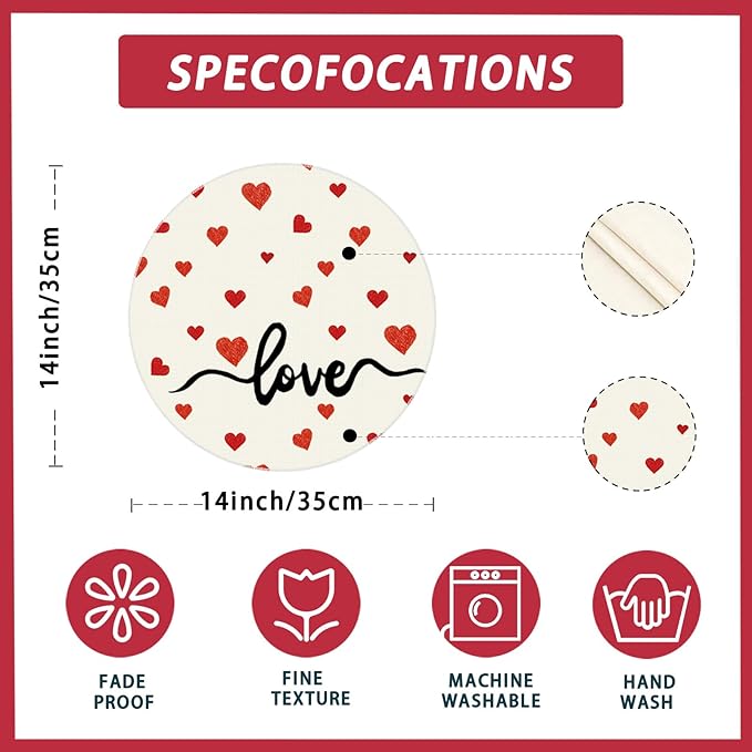 XCHI Red Little Love Hearts Valentine's Day Round Placemats Set of 4 Table Mats for Party Home Kitchen Dining Table Decorations 14x14 Inch