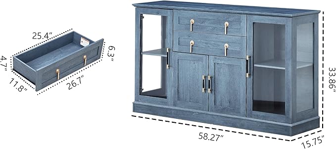 58.2'' Modern Sideboard Buffet Cabinet with Storage, Accent Coffee Bar Cabinet with 2 Glass Doors,Sideboard Credenza with Two Drawers and Adjustable Shelves,Blue