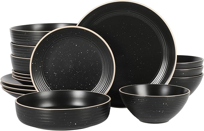 Gibson Home Dinah 16-Piece Matte Black Stoneware Dinnerware Set ??Double Bowl, Embossed Speckled Design, Durable Kitchen Dinner Set