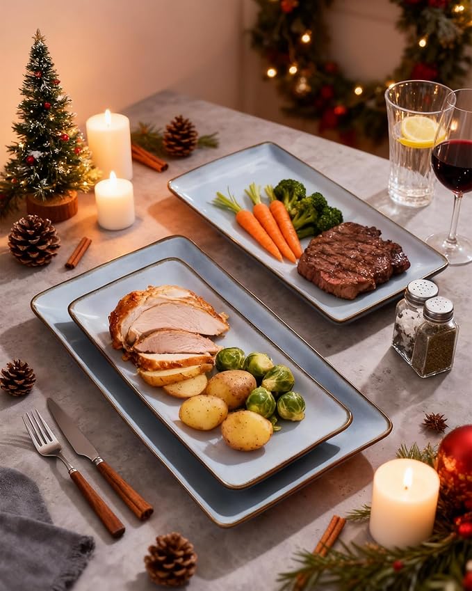Famiware Serving Platter, Rectangular 15.67/14.1/12.6inch Serving Dishes for Entertaining, Reactive Glaze, Stoneware Serving Trays for Party, Food, Turkey, Snack, Cheese, Ocean Series, Blue