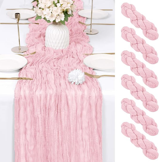 RealBox 6 Pack Light Pink Cheesecloth Table Runner 17x108 Inch Semi Sheer Boho Gauze Cheese Cloth Fabric Table Runners Table Decor for Wedding Party Baby Shower Birthday Home Decor Garden Farmhouse