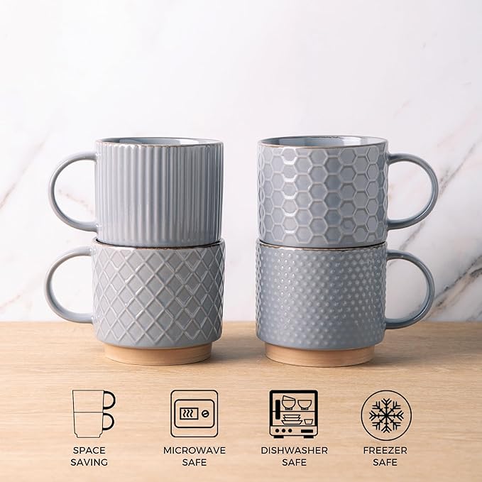 GBhome 15OZ Stackable Coffee Mugs, Ceramic Coffee Mugs with Texture Patterns for Man,Woman,Dad,Mom, Modern Coffee Cups Set of 4 for Latte/Cappuccino/Cocoa. Dishwasher&Microwave Safe, Gray