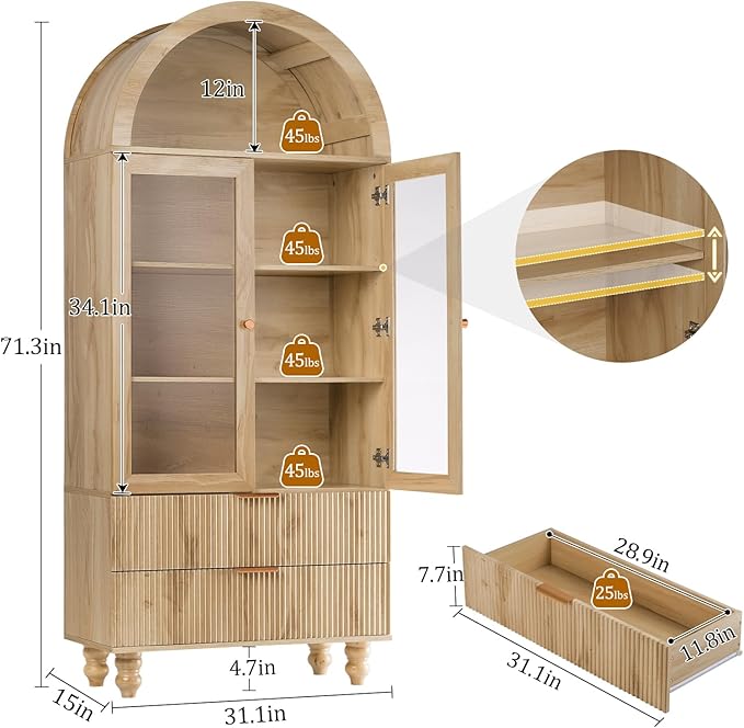 71" Tall Arched Pantry Cabinet With Glass Door, Fluted Kitchen Storage Cabinets with Shelves and Large Drawers, Wooden Buffet Cabinet Credenza for Living Room, Entryway, Coffee Station, Natrual Oak