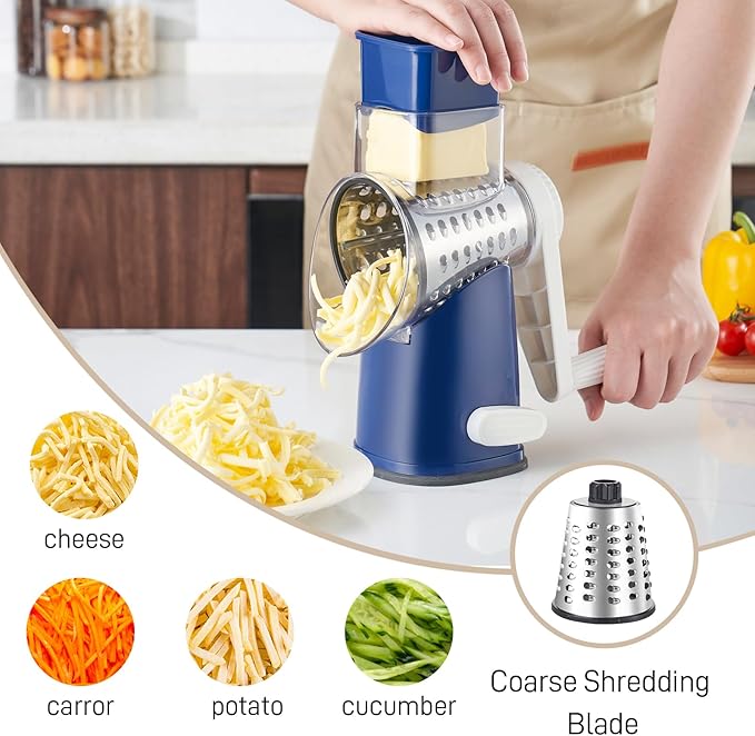 Weltonhm Rotary Cheese Grater with 4 Blades, Hand Crank Cheese Grater with Waffle Slicer, Black and White Cheese Slicer with Suction Base, Easier for Shredding& Grating (Blue, 4 Graters)