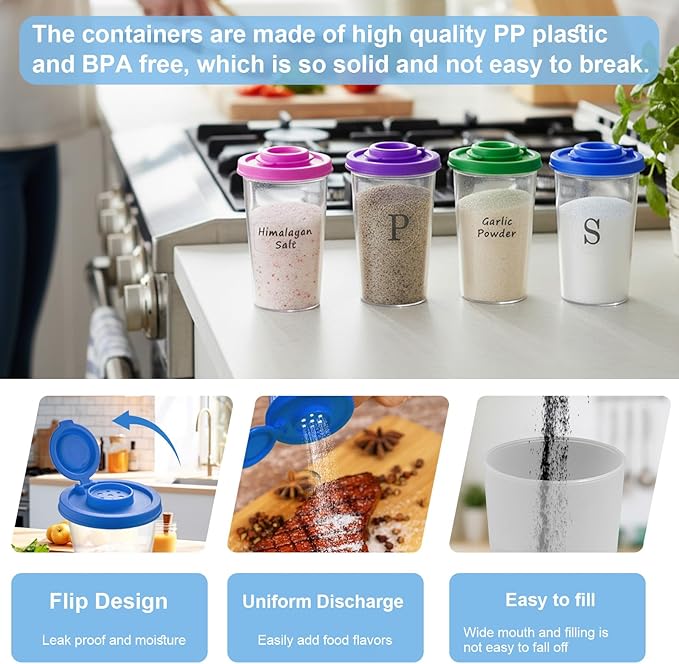 Plastic Salt and Pepper Shakers Set with 4 Color Lids & 20 Labels ??Clear Spice Jars, Reusable, Refillable Seasoning Containers for Kitchen, Cooking, Baking ??Easy Storage & Organization