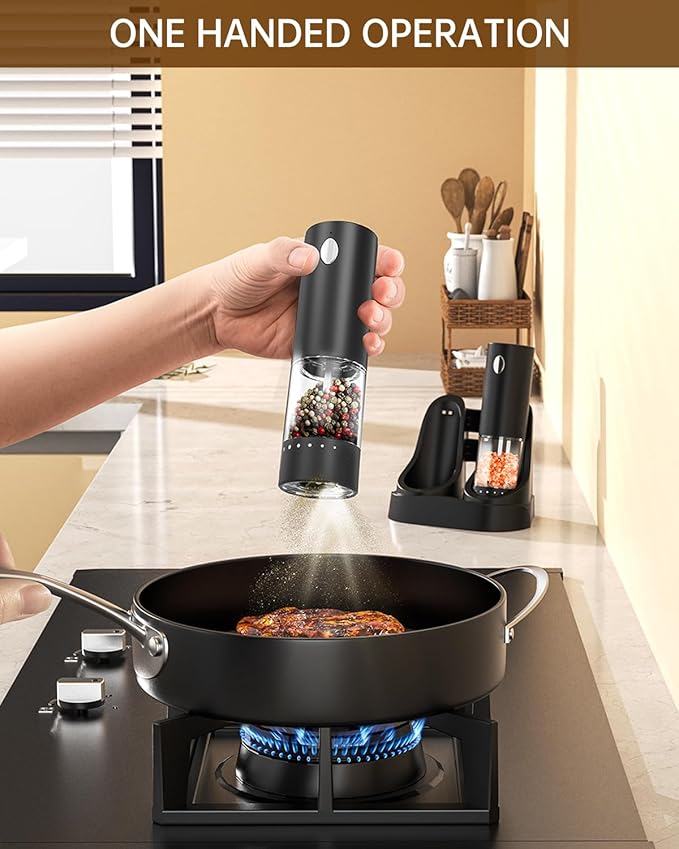 CIRCLE JOY Electric Salt and Pepper Grinder Set Automatic Salt and Pepper Grinder Set with Easy-to-Carry Charging Base and LED Light, USB Rechargeable, Upgrade External Adjustable Coarseness