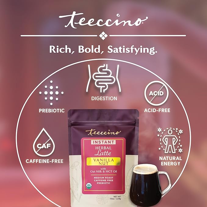 Teeccino Instant Organic Vanilla Nut Herbal Coffee??33 servings ??Instant Chicory Coffee Alternative with Creamy Vanilla Slightly Sweetened by Dates That?™s Prebiotic, Caffeine-Free & Acid Free - 3.5 ounces