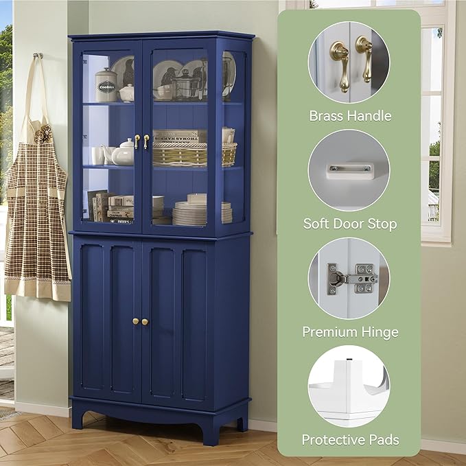 ARTPOWER 72" Freestanding Kitchen Pantry Storage Sideboard, Classical Tall Cabinet with Glass Door and Adjustable Shelves for Kitchen, Livingroom and Dining Room, Navy Blue