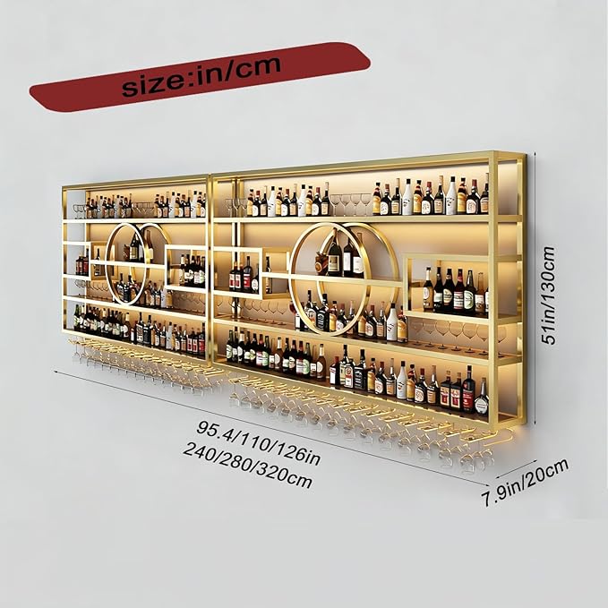 Wall Mounted Wine Rack, Modern Industrial Hanging Liquor Bottles Shelves with Wine Glass Holder, Metal Floating Wine Storage Display Shelf, for Bar, Kitchen, Wine Cellar (Gold, 320cm/126in)