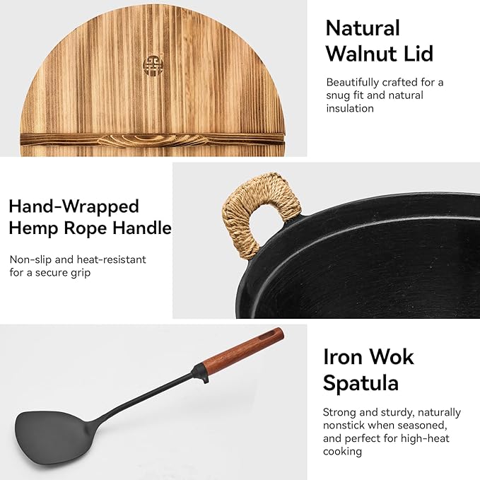 WANGYUANJI 15 Inch Cast Iron Wok with Wooden Lid and Spatula, Large Flat Bottom Double-Handle Chinese Stir Fry Pan, Uncoated for Induction, Gas and Electric Stoves