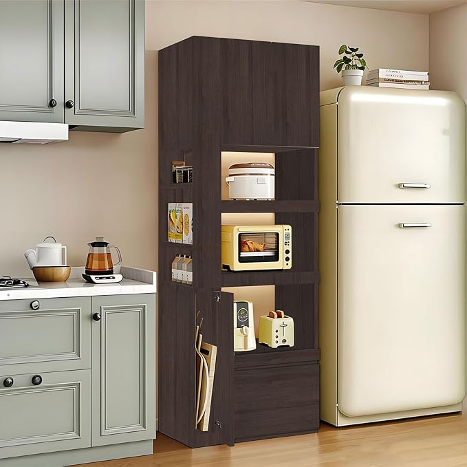 LINLIUA 71'' Tall Kitchen Pantry Cabinet, Wood Pantry Storage Cabinet with Doors, 3 Pull-Out Shelves and Drawer, Modern Slim Kitchen Hutch for Dining Room Small Space