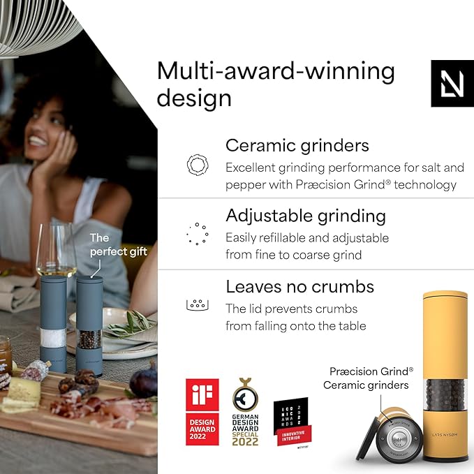 LARS NYS횠M Salt and Pepper Grinder Set Manual, Stainless Steel Salt and Pepper Mills with Adjustable Ceramic Grinder I Design Spice Shakers (Mustard Yellow)