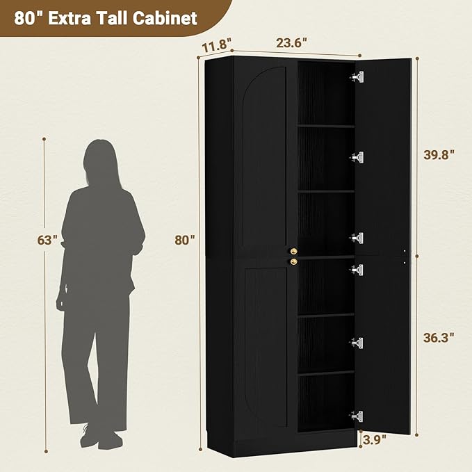 Cyclysio 80" Kitchen Pantry, Extra Tall Arch Storage Cabinet with 4 Doors and Adjustable Shelves, Freestanding Wood Cupboard with Seamless Fit Wall for Dining Living Room Bathroom Furniture (Black)
