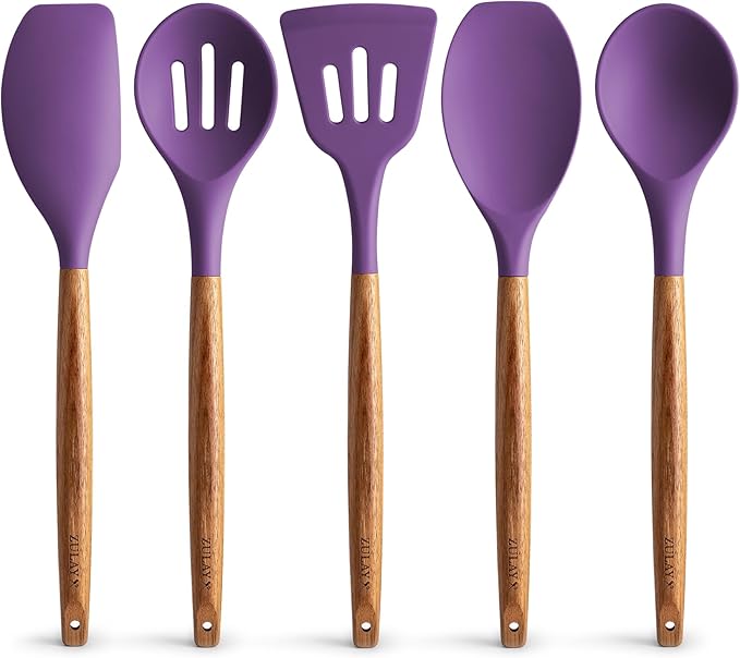 Zulay Kitchen Non-Stick Cooking Utensils Set with Authentic Acacia Wood Handles ??5-Piece Durable & Stylish Silicone Kitchen Utensils Set ??Heat Resistant to 464째F ??Purple