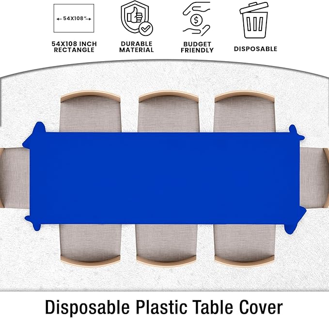 LEMON + Co. Blue Rectangle Table Cover Disposable Plastic Tablecloth 54 Inch. x 108 Inch. Premium Decorative Rectangle Table Cover 10 Pack