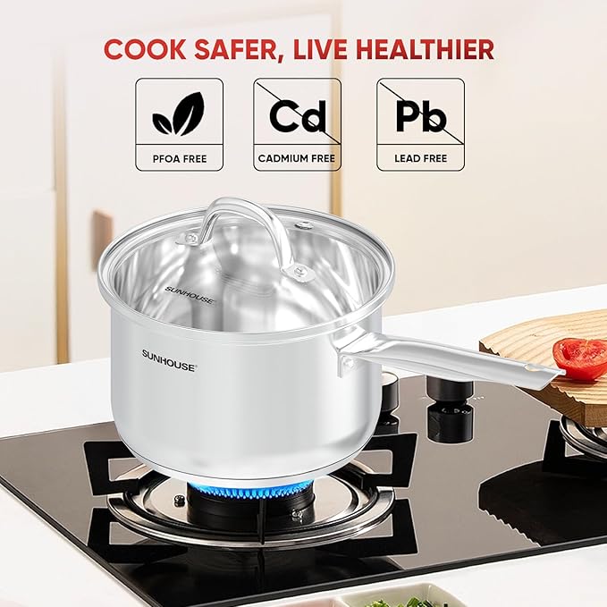 Sunhouse ??3 Quarts Stainless Steel Sauce Pan with Lid - PFOA-FREE, Stainless Steel Sauce Pan, Advanced Impact Bonding Induction Base, Stay-Cool Handle, Compatible with All Cooktops