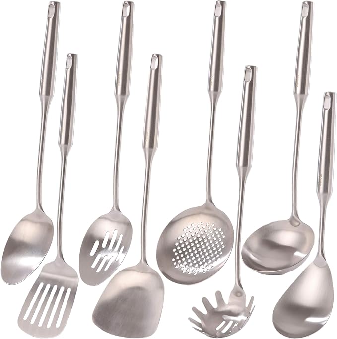 18/10 Stainless Steel Kitchen Utensils Set - 15??All Metal Cooking Tools & Serving Utensils, 8 PCS - Solid Spoon, Slotted Spoon, Spatula, Ladle, Skimmer, Tunner, Spaghetti Spoon, Large Spoon Set