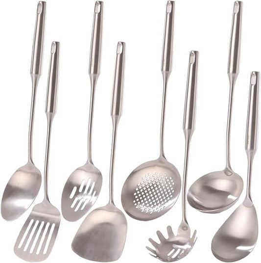 18/10 Stainless Steel Kitchen Utensils Set - 15??All Metal Cooking Tools & Serving Utensils, 8 PCS - Solid Spoon, Slotted Spoon, Spatula, Ladle, Skimmer, Tunner, Spaghetti Spoon, Large Spoon Set
