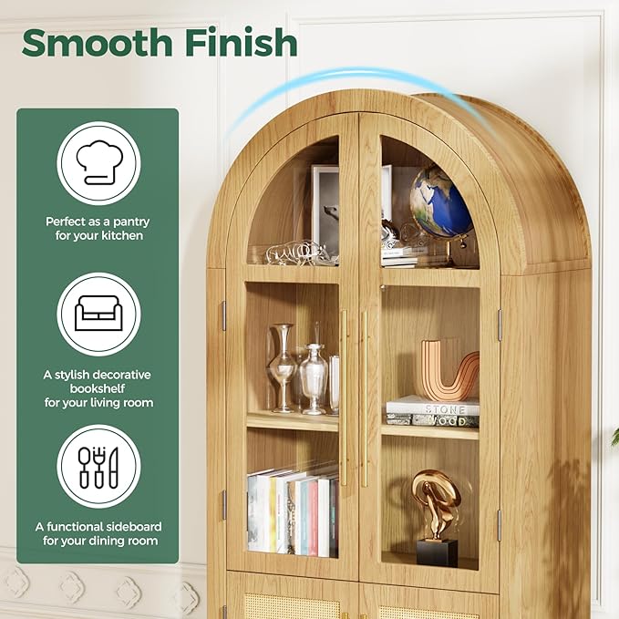 71?쒪rched Kitchen Pantry Cabinet, Stylish Arched Bookcase & Multi-Use Storage Cabinet with Glass & Rattan Doors, Ideal as Kitchen Pantry, Living Room Display, or Entryway Organizer ??Oak