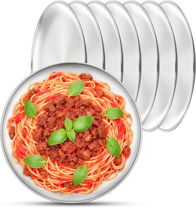 Metal Dinner Plate, 8 Pack 10.2 inch Large 201 Stainless Steel Plates, Reusable Lunch Salad Pizza Food Serving Snack Eating Dishes Round Brushed Finish Silver Sturdy Dish Oven Dishwasher Safe