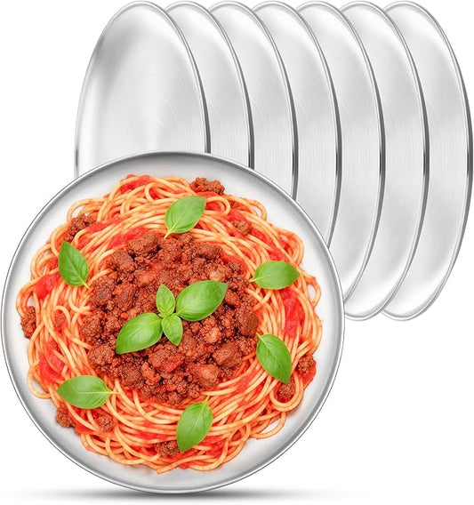 Metal Dinner Plate, 8 Pack 10.2 inch Large 201 Stainless Steel Plates, Reusable Lunch Salad Pizza Food Serving Snack Eating Dishes Round Brushed Finish Silver Sturdy Dish Oven Dishwasher Safe