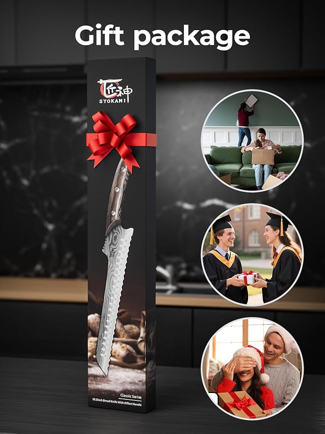 2025 New Upgraded Offset Bread Knife for Homemade Bread, 10.5 Inch Resharpenable Serrated Knife, Ultra-Sharp Sourdough Slicing, Perfect Kitchen Gift, Designed for Cutting Cakes, Fruits & Meat