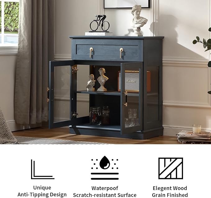 31.5'' Accent Small Buffet Cabinet with Storage, Buffet Sideboard with Two Glass Doors and a Drawer,Small Coffee bar Cabinet with Adjustable Shelf,for Kitchen and entryway,Blue