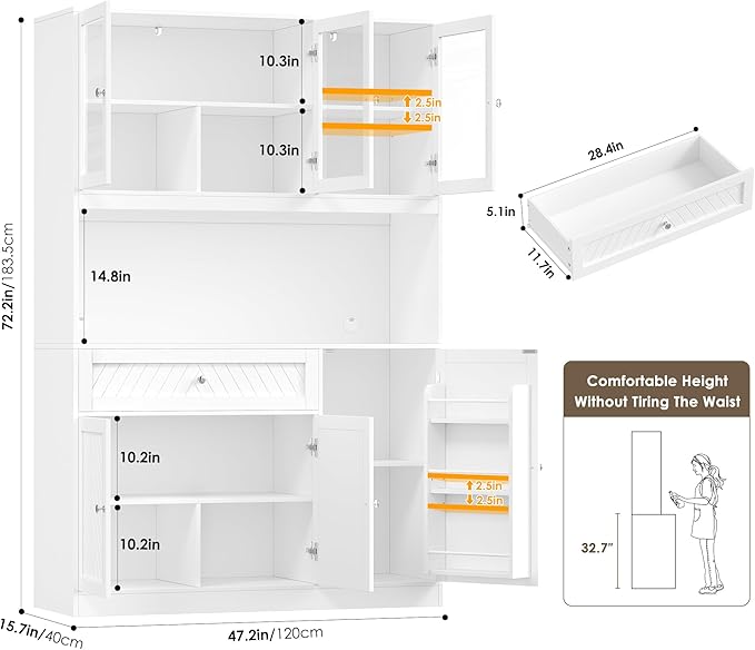 72??Tall Kitchen Pantry Storage Cabinet, Modern White Kitchen Hutch with Large Storage Drawer, Countertop, Adjustable Shelves, Food Pantry Cabinets for Dining Room, Living Room