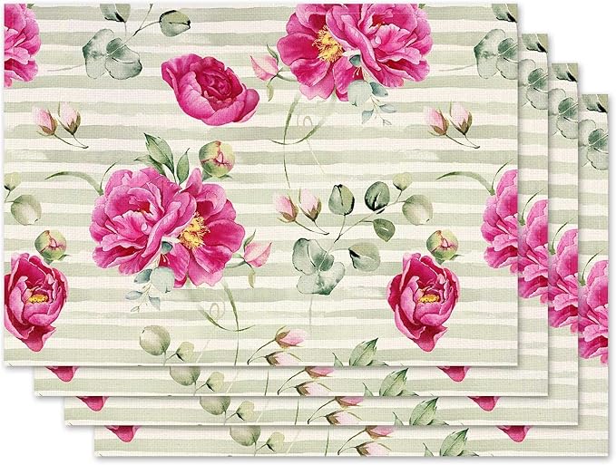 Jauageon Red Peony Flowers Placemat Set of 4 Spring Floral Placemats Spring Summer Eucalyptus Table Mats for Indoor Outdoor Home Party Kitchen Dining Decor Farmhouse Burlap Table Mats 12x18 Inch