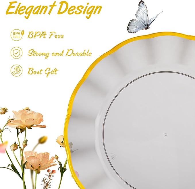 EI 150pcs Clear Black Dinnerware Set,Clear Black Fancy Plastic Plates with Gold Rimmed and Gold Plastic Silverware,Heavy Duty Party Plates Disposable for Afternoon Tea,Business Events,Hotel Banquets