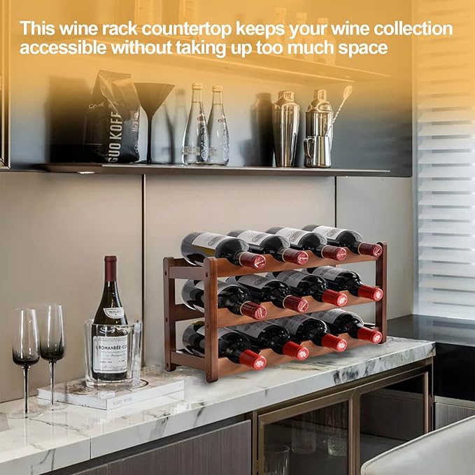 Wine Rack Countertop, 12 Bottle Wine Racks for Wine Bottles Storage Display, 3 Tier Wooden Wine Rack Free Standing Floor