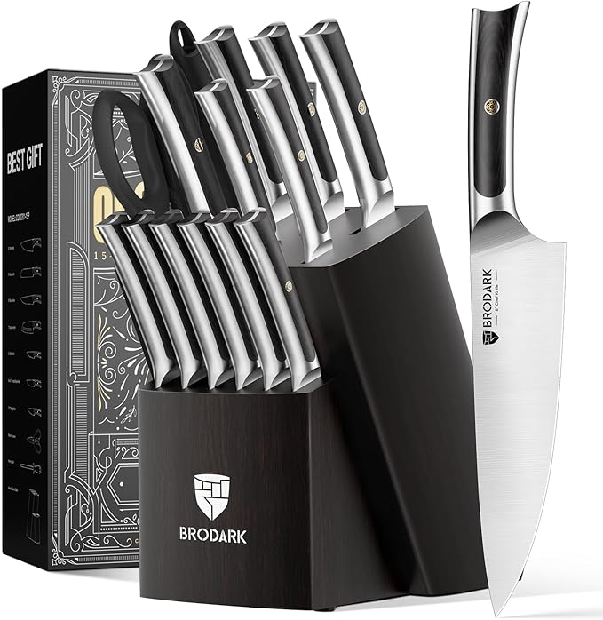 BRODARK Knife Set 15 PCS, Chef Knife Set with Block and Sharpener, High Carbon Stainless Steel Knife Block Set, Ergonomic Pakkawood Handle for Kitchen Cooking