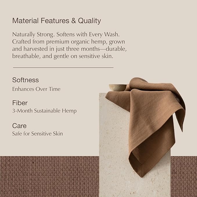KNOKNO Home Pure Hemp Placemats 18 x 18 Inch Set of 4 Handcrafted with Mitered Corners Natural Fabric,Machine Washable Table Mats for Dining Tables (Chocolate Brown, Napkins | Set of 4)