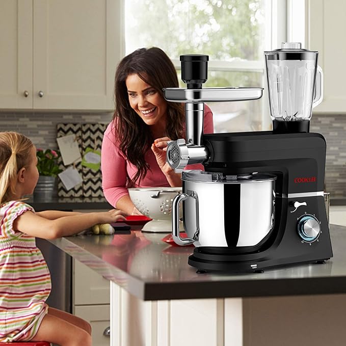 COOKLEE 6-IN-1 Stand Mixer, 8.5 Qt. Multifunctional Electric Kitchen Mixer with 9 Accessories for Most Home Cooks (Black1)