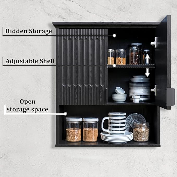 FLOWBACK BlackBathroom Wall Cabinet Over The Toilet Storage, 23.5횞31.4 Inch Wall Mounted Medicine Cabinet for Bathroom with Adjustable Shelf and Door, Wood Cabinet for Laundry Room, Bedroom Kitchen