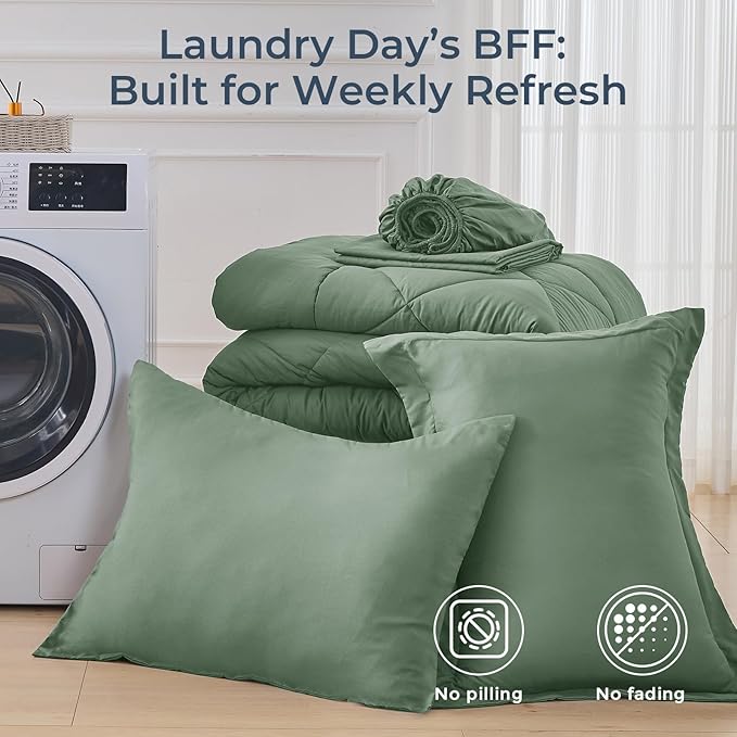 HEVUMYI Sage Green Twin Comforter Set - 5-Piece All Season Bed in a Bag Twin, Ultra Soft Bedding Set with Comforter, Flat Sheet, Fitted Sheet, Pillowcases, Pillow Shams, Sage Green