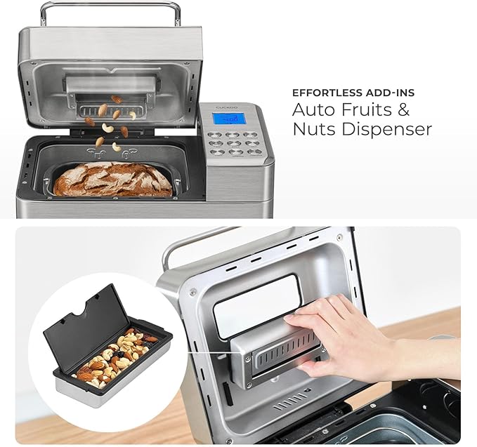 CUCKOO Bread Maker Machine with 15 Menu Options + 3 Crust Colors, 2 lbs Bread Machine with Automatic Fruit & Nut Dispenser, Includes 6 Accessories, Ideal Breadmaker for Sourdough (CBM-AAB101S)