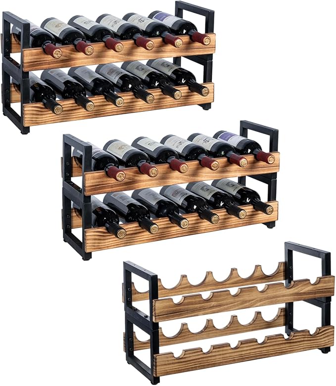 MyGift 6-Tier Wine Rack for 36 Bottles ??Freestanding Industrial Wine Bottle Holder with Burnt Wood Shelves & Black Metal Frame ??Large Horizontal Storage Stand for Home Bar, Kitchen, Cellar