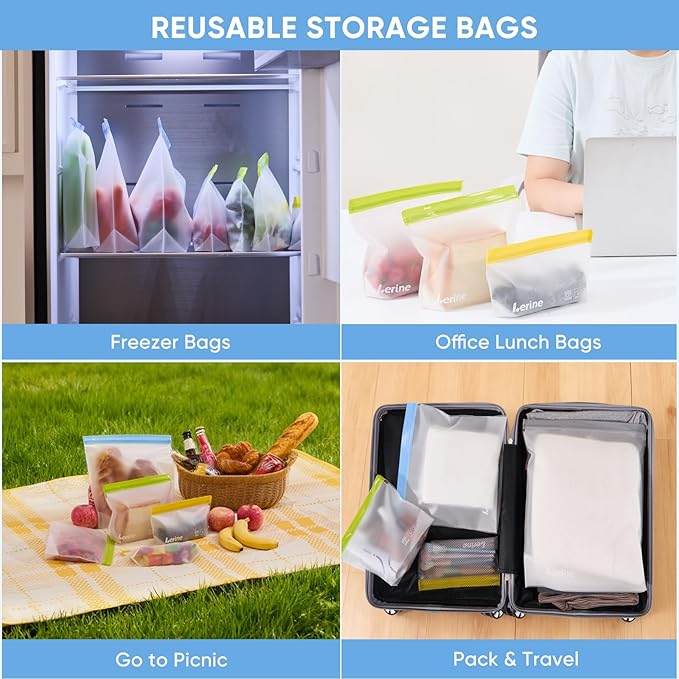 Lerine 10 Pack Stand-Up Reusable Gallon Bags, BPA-Free Leakproof Food Storage Bags, Dishwasher Safe Reusable Freezer Bags for Marinating, Travel, Meal Prep - 4 Sandwich, 3 Gallon, 3 Snack (Multicolor)