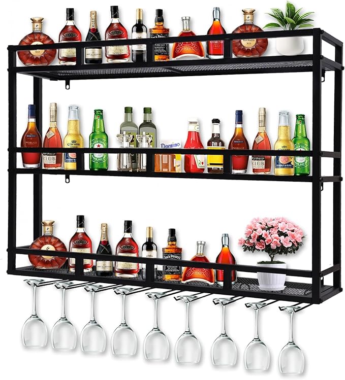 39 Inch 3-Tier Wall Mounted Wine Rack with LED Light, Stylish Wall Bar Shelves for Liquor Bottles & Hanging Glasses, Bar Shelves Wall Mounted for Kitchen, Dining Room & Home Bar, Black