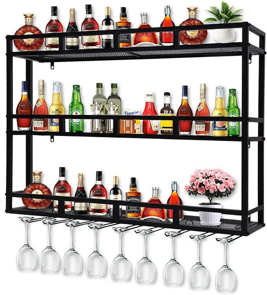 39 Inch 3-Tier Wall Mounted Wine Rack with LED Light, Stylish Wall Bar Shelves for Liquor Bottles & Hanging Glasses, Bar Shelves Wall Mounted for Kitchen, Dining Room & Home Bar, Black