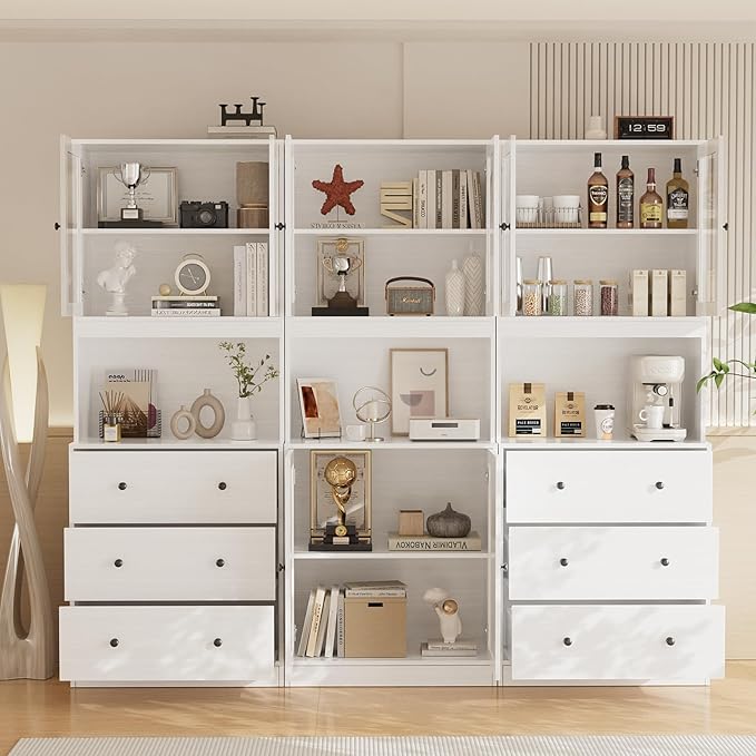 VOWNER 3PCS Bookshelf and Bookcase, 5-Tier Modern Bookshelves with 3 Large Drawer, Glass Display Cabinet with Lager Storage Shelf, Combination Storage Shelves for Home Office, White (BAB)