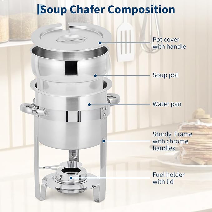 Garvee 11QT Commercial-Grade Soup Chafer Set of 4, Stainless Steel Round Food Warmers with Pots, Notched Lids & Fuel Holders, Commercial Buffet Equipment for Large Banquet Service & Buffet Catering