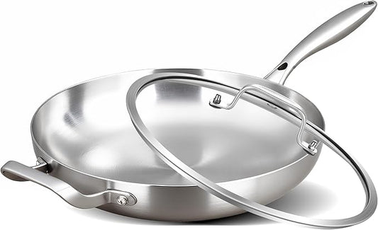 Inqibee 12 Inch Tri-Ply Stainless Steel Frying Pan with Lid and Helper Handle, Skillet, Induction Cooking Pan, Dishwasher and Oven Safe, Detachable Handle.