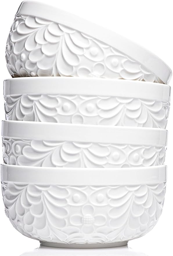 Ceramic Bowls for Kitchen with Nature-Inspired Engravings - Versatile Ramen Bowl Set for Pho, Chili, Oatmeal, Cereal, Rice, Fruit, Soup - Dishwasher, Microwave, Oven, Freezer Safe - 22 Oz, Set of 4