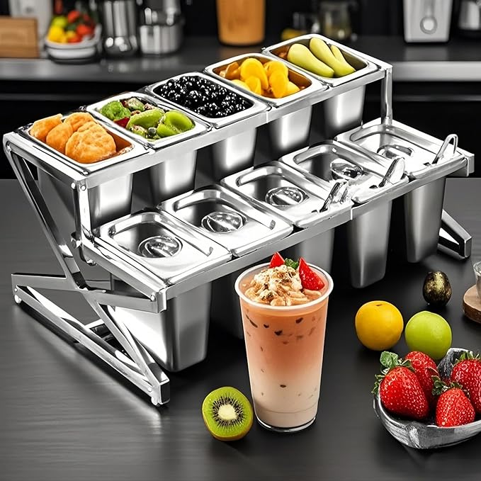 Two Tier Adjustable Stainless Steel Spice Organizer Set of 10 Pots with Spoons Commercial Kitchen Spice Rack Buffet Counter Milk Tea Shop Multifunctional Shelf (Double Flat)