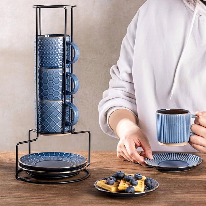 GBhome 6OZ Stackable Coffee Mugs with Stand and Saucer, Ceramic Coffee Mugs Set of 4 with Texture Patterns for Man,Woman,Dad,Mom, Modern Coffee Cups for Latte/Espresso. Dishwasher&Microwave Safe, Blue
