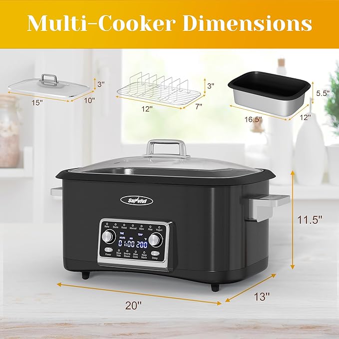 Sunvivi 8 Quart Slow Cooker Roaster Oven, 12 in 1 Programmable Multi-Cooker Food Warmer with Digital Timer, Temp Control, Removable Cast Aluminum Pot & Dishwasher-Safe Tempered Glass Lid, Black