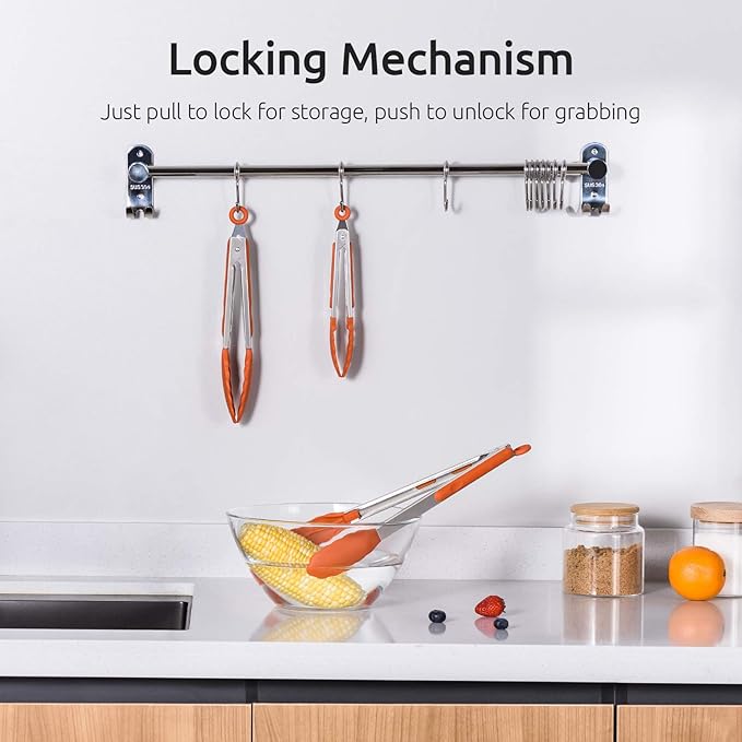 Kitchen Tongs, U-Taste 7/9/12 inches Cooking Tongs, with 600쨘F High Heat-Resistant Non-Stick Silicone Tips, 18/8 Stainless Steel Handle, for Food Grill, Salad, BBQ, Frying, Serving, Pack of 3(Orange)